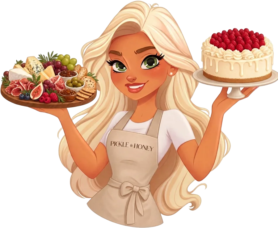 Illustration of the Pickle & Honey founder holding a grazing platter and a cheesecake