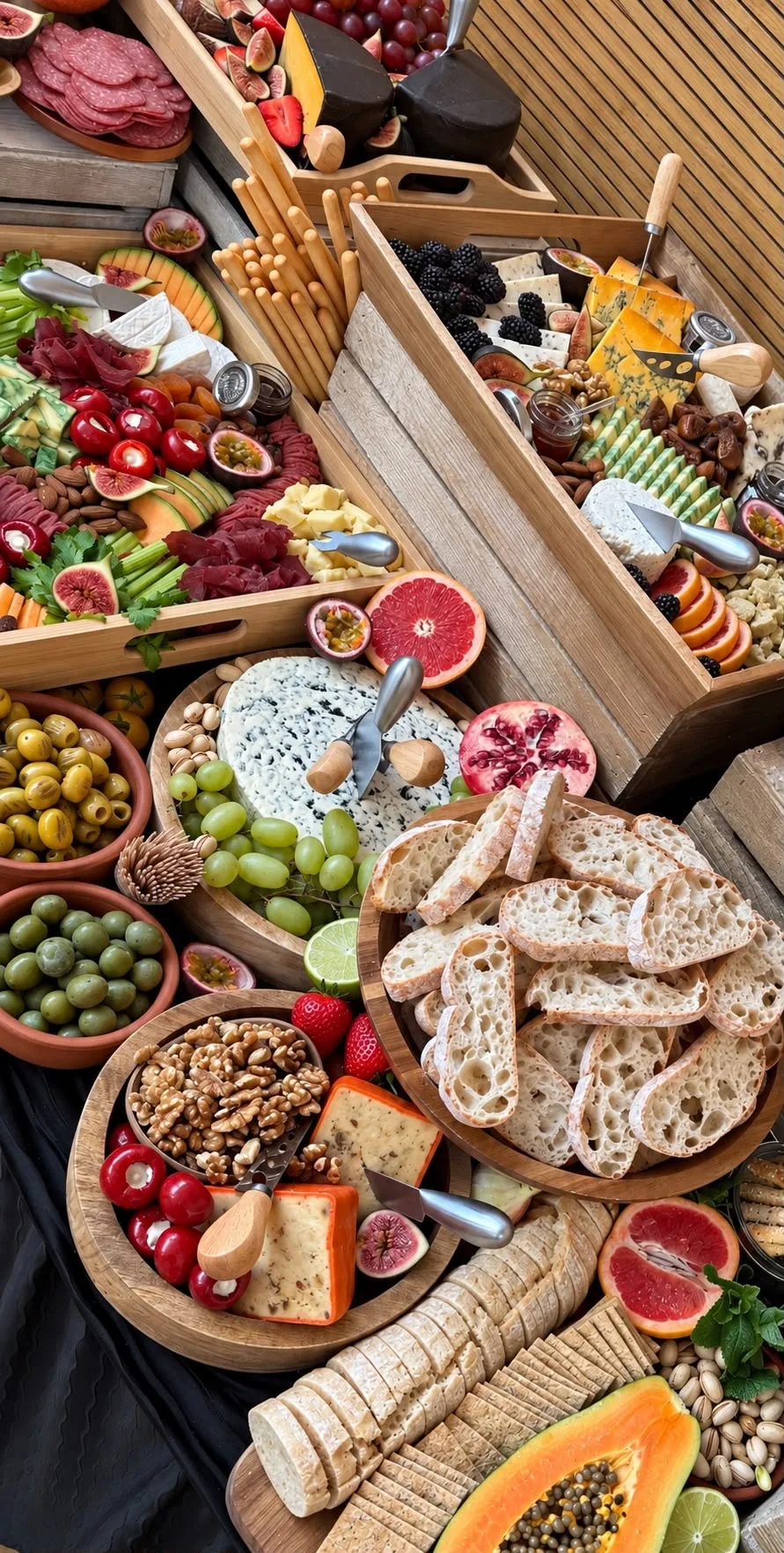 A cheese and charcuterie spread with breads, olives, fruit and nuts